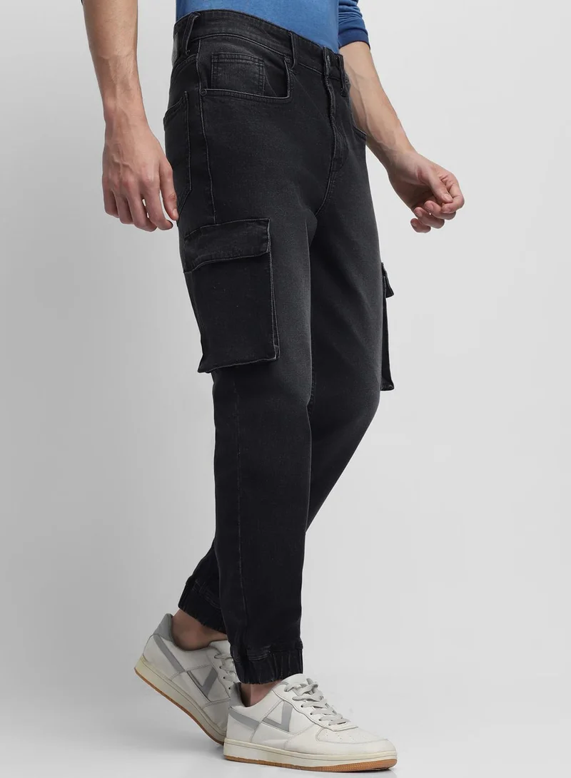 دينيس لينغو Men's Black Cotton Blend Solid Full Length Denim Cargo Jeans