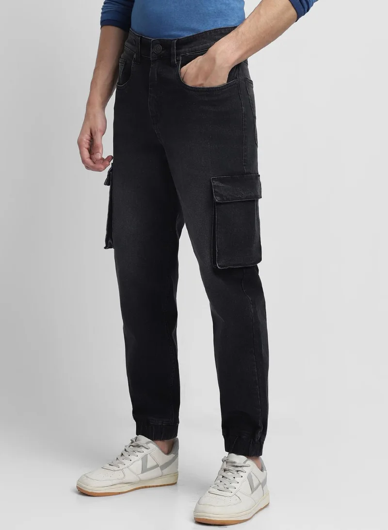 دينيس لينغو Men's Black Cotton Blend Solid Full Length Denim Cargo Jeans