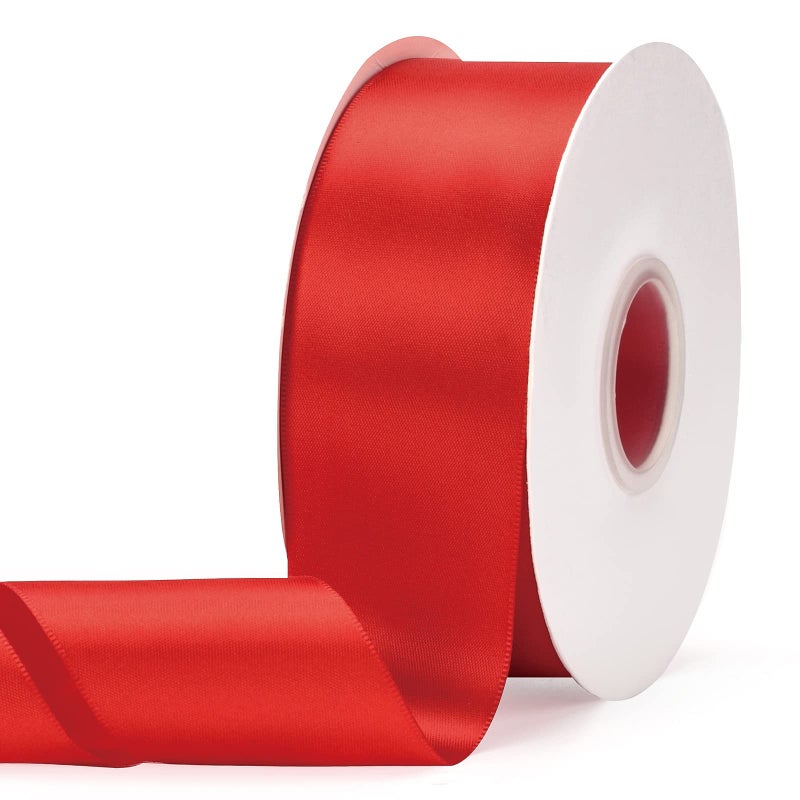 Ewaymado Solid Color Hot Red Double Faced Satin Ribbon 2 X 50 Yards Fabric Ribbons Perfect for Wedding and Party DecorationGift Wrapping Sewing Crafts
