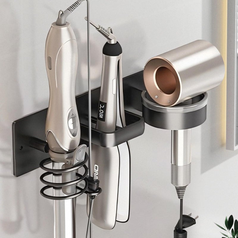 HOHOWU Hair Dryer Holder Wall Mounted,Blow Dryer, Curling Iron, Straightener Holder 3 in 1 Bathroom Metal Hair Tool Organizer Rack-BLACK-1 - Image 1