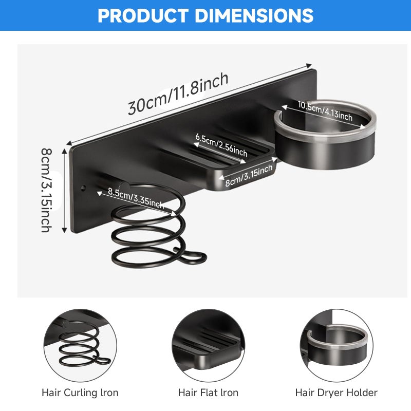 HOHOWU Hair Dryer Holder Wall Mounted,Blow Dryer, Curling Iron, Straightener Holder 3 in 1 Bathroom Metal Hair Tool Organizer Rack-BLACK-1 - Image 2
