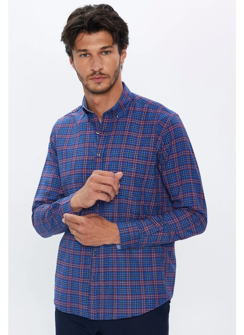 تودورس Men's Classic Fit Regular Cut Cotton Single Pocket Checked Button-Down Collar Shirt