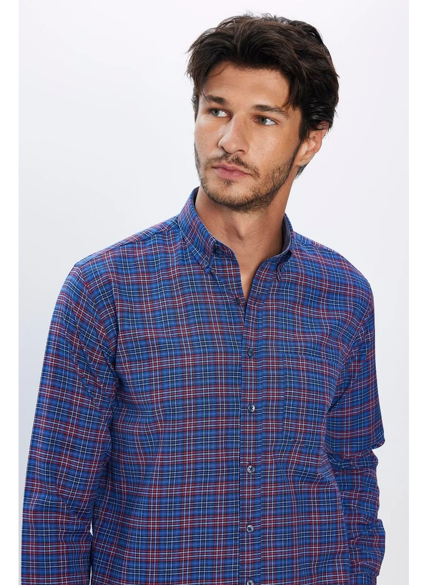 تودورس Men's Classic Fit Regular Cut Cotton Single Pocket Checked Button-Down Collar Shirt