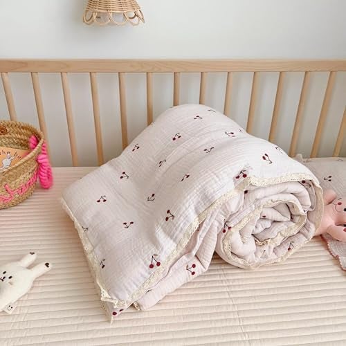 BuLuTu 1 Piece Baby Toddler Muslin Quilt Blanket 47x59 Inches Crib Comforter Cute Cherry Print Quilted Blankets for Boys Girls Toddler Comforter Soft Breathable Machine Wash - Image 1