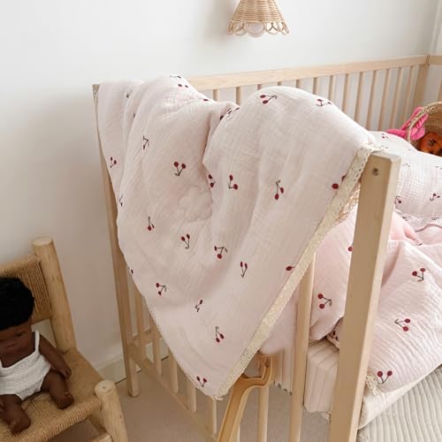 BuLuTu 1 Piece Baby Toddler Muslin Quilt Blanket 47x59 Inches Crib Comforter Cute Cherry Print Quilted Blankets for Boys Girls Toddler Comforter Soft Breathable Machine Wash - Image 3