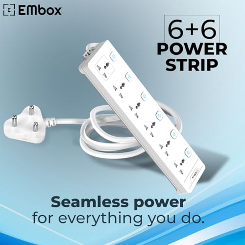 EMBOX Extension Board with Switches 2500W, 6 Universal Sockets, Individual Switch, Safety Shutter, 6 amp Spike Guard, LED Indicator, 2 Meter Extension Cord - Image 2