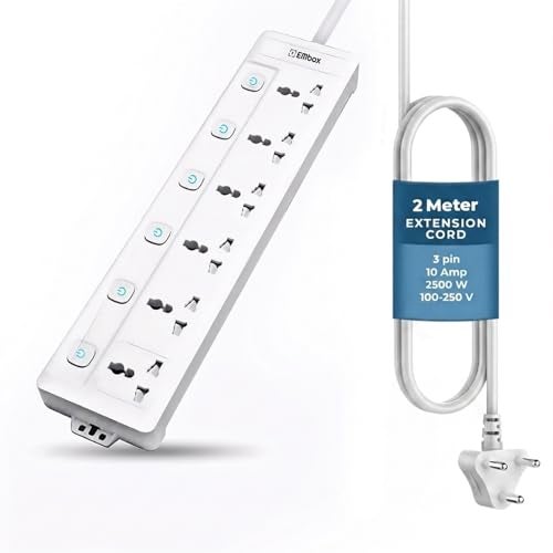 EMBOX Extension Board with Switches 2500W, 6 Universal Sockets, Individual Switch, Safety Shutter, 6 amp Spike Guard, LED Indicator, 2 Meter Extension Cord - Image 1