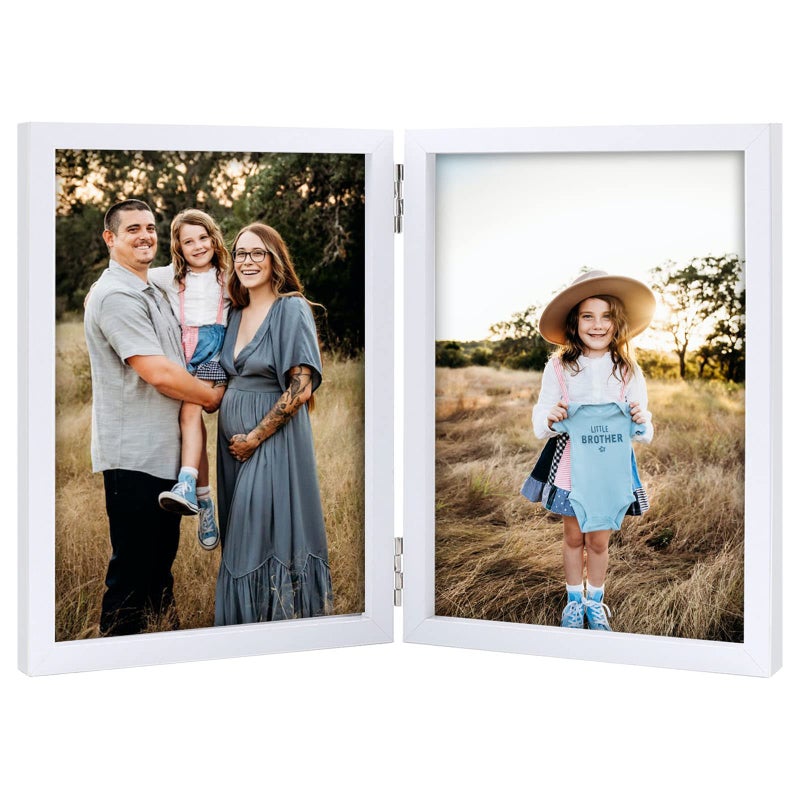 AVEAX Double 4x6 Picture Frame Hinged Folding Photo Frame with Glass Front Vertical Frame on Desktop White