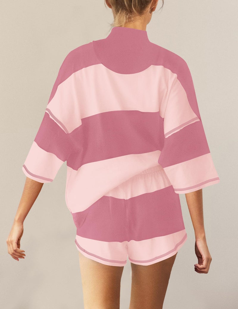 Panadila Women Striped Workout Set Two Piece Outfit Tracksuit Oversized Lounge Set Top and Shorts Sets with Pockets(Pink Combo,L) - Image 3