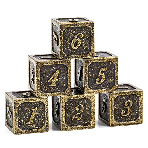 DNDND 6 Sided Dice Set 6 Pieces Ancient Brass D6 Metallic Dice with Free Black Velvet Bag for DD DND Pathfinder Shadowrun or GURPs - Image 1