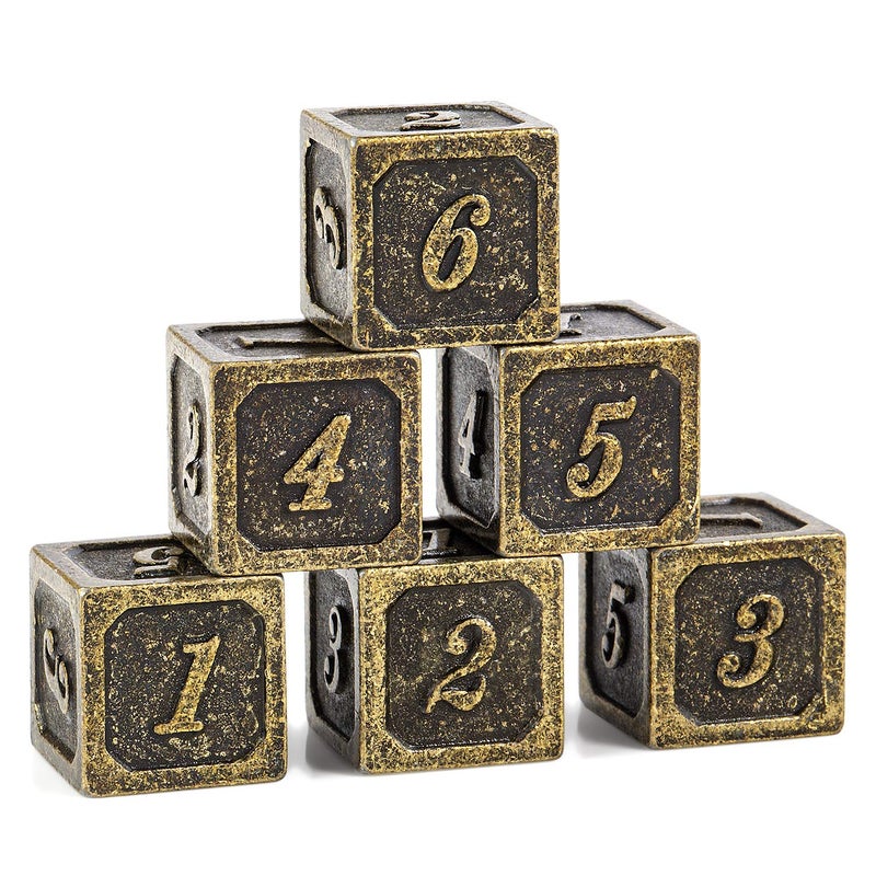 DNDND 6 Sided Dice Set 6 Pieces Ancient Brass D6 Metallic Dice with Free Black Velvet Bag for DD DND Pathfinder Shadowrun or GURPs - Image 3