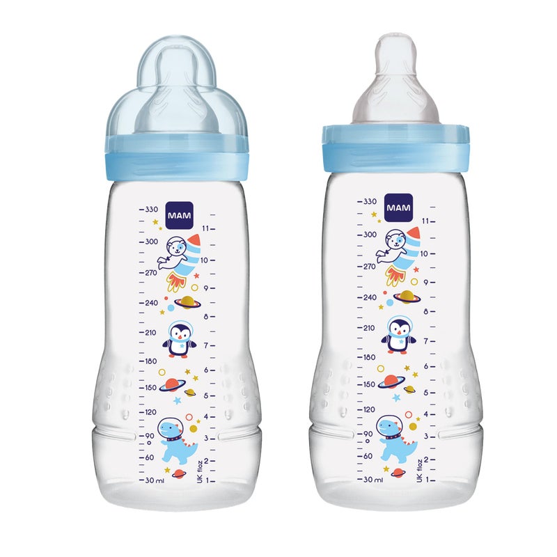 MAM Easy Active Baby Bottles 11oz, Fast Flow Skinsoft Silicone Nipple with Wide Neck Ergonomic Design, Easy to Hold, BPA-Free, Bottles with Leak-Proof Caps for 4+ Months Baby - Image 1