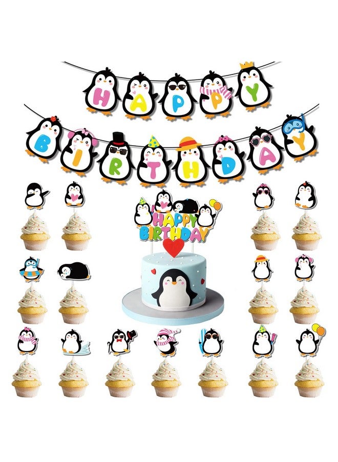 Kinyanco Penguin Birthday Party Decoration Set 2Pcs Penguin Happy Birthday Banner With 16Pcs Penguin Cake & Cupcake Topper Cute Cartoon Penguin Theme Party Supplies Baby Shower Penguin Party Decor Cake Decor - Image 1