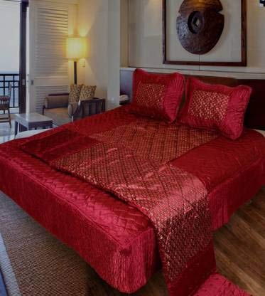 ManavRachit Satin Gold Printed 310 TC Wedding Bedding Set (Bedsheet with 2 Pillow Covers & 1 AC Comforter) for Home & Living Room(Red, Set of 4pc) (Butti Print)