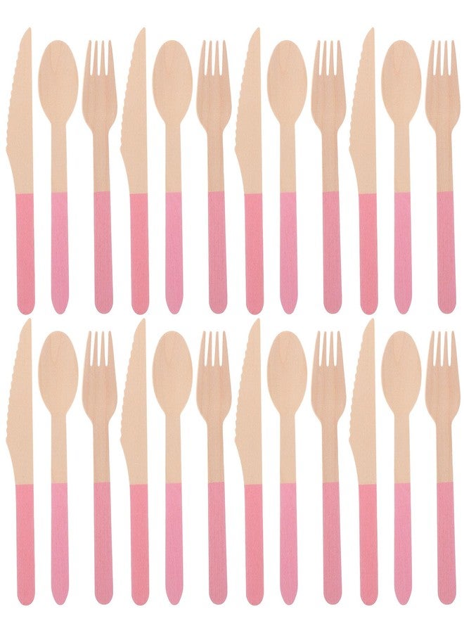 PRETYZOOM Disposable Wood Cutlery Set, 24pcs Pink Flatware Including Spoons, Forks, Knives, Pink Utensils Set for 8, for Girls Birthday, Baby Shower, Tea Party, Outdoor Picnic - Image 1