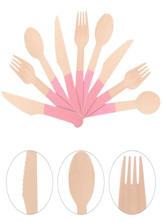 PRETYZOOM Disposable Wood Cutlery Set, 24pcs Pink Flatware Including Spoons, Forks, Knives, Pink Utensils Set for 8, for Girls Birthday, Baby Shower, Tea Party, Outdoor Picnic - Image 4