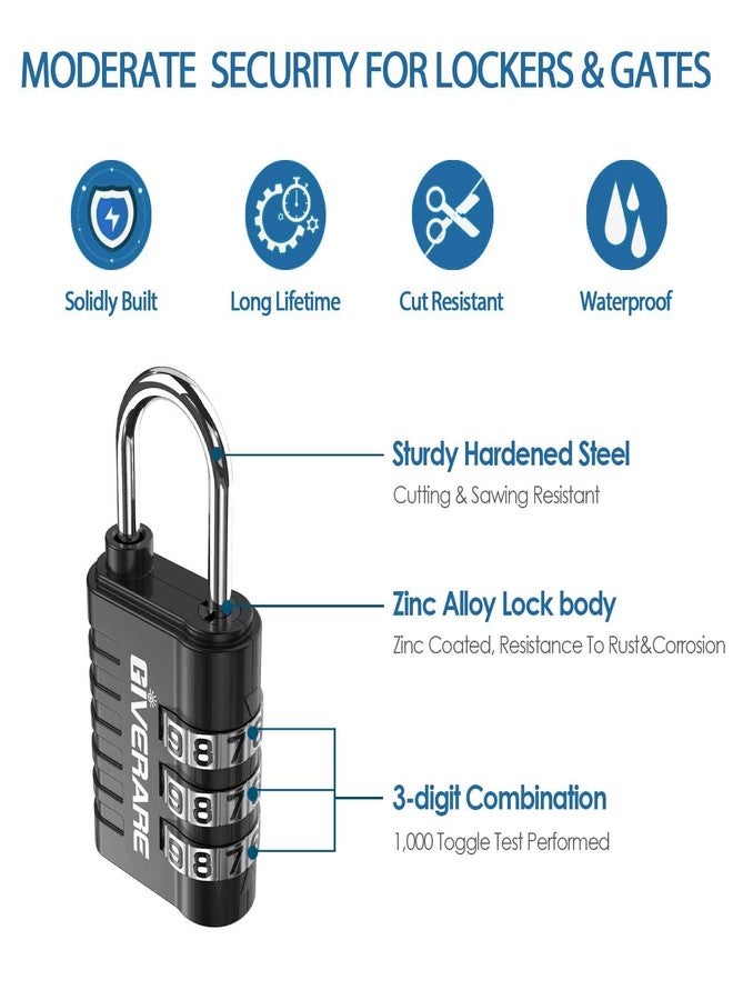 GIVERARE 8 Pack Combination Lock, 3-Digit Padlock Keyless, Resettable Luggage Locks for Backpack, Gym & School & Employee Locker, Weatherproof Travel Lock for Fence, Backyard Gate, Hasp, Case-Black - Image 3
