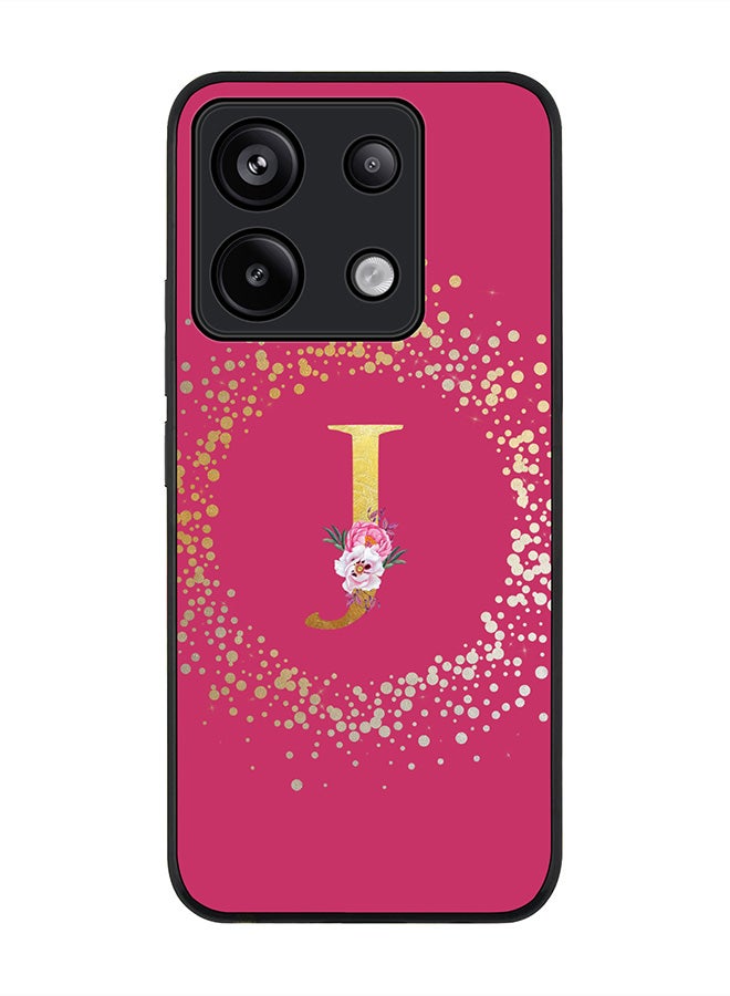 Stylizedd حافظة حواف سوداء متينة لهاتف Xiaomi Redmi Note 13 Pro 5G - حرف مونوغرام مخصص بنمط زهور - J (وردي غامق) - Image 1