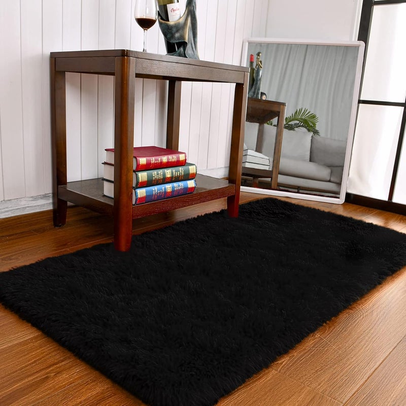 Keeko Small Fluffy Rug for Bedroom  2x4 Black Bedside Runner Rug Non Slip Throw Rugs for Living Room Entryway Shag Fuzzy Faux Fur Washable Area Rug Indoor Carpet for Kids Girls Nursery Room Decor - Image 2
