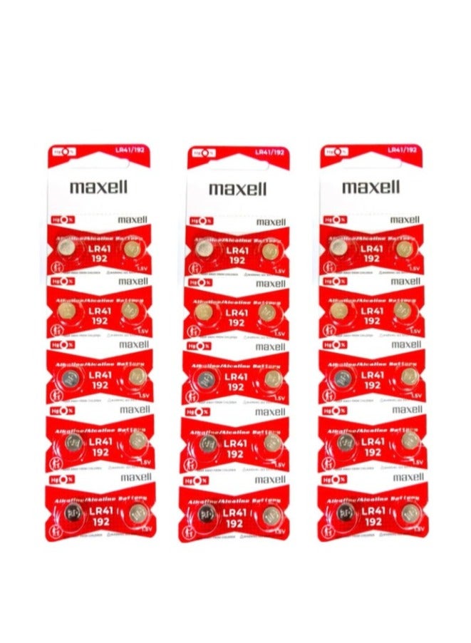ماكسل 30 قطعة من بطاريات ماكسيل LR41 (192) AG3 القلوية 1.5 فولت