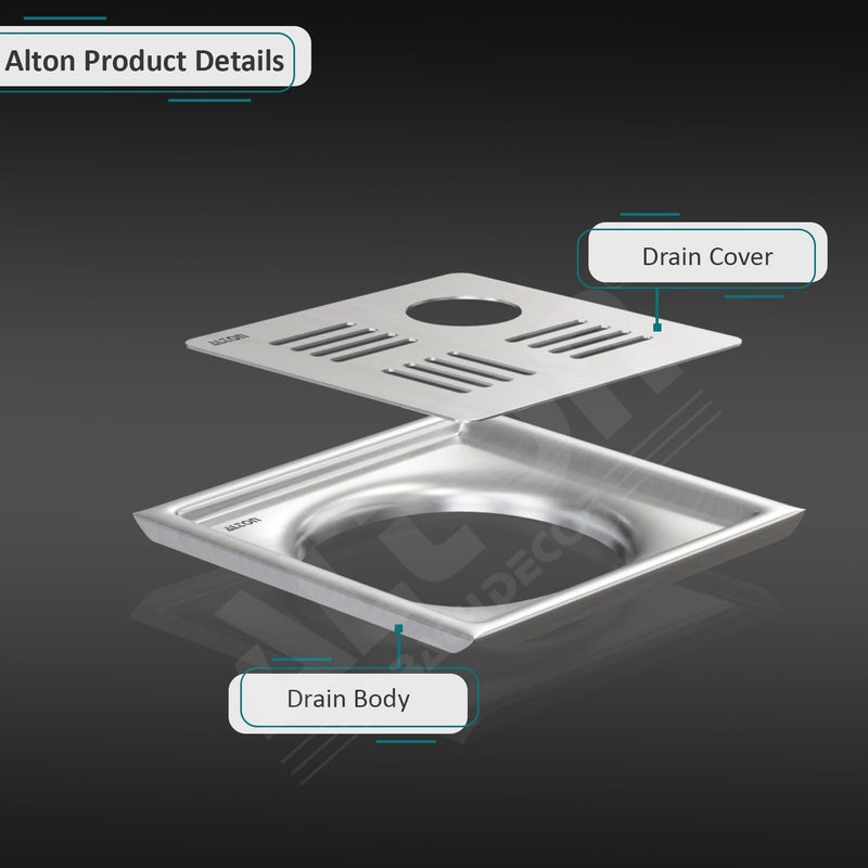 ALTON ALD1001, SS-304 Grade, 6x6 INCH Cut, Bathroom Grating Square Floor Drain Jali, Matte - Image 3