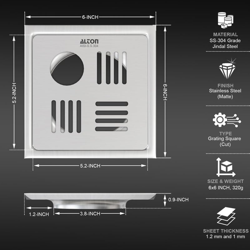 ALTON ALD1001, SS-304 Grade, 6x6 INCH Cut, Bathroom Grating Square Floor Drain Jali, Matte - Image 2