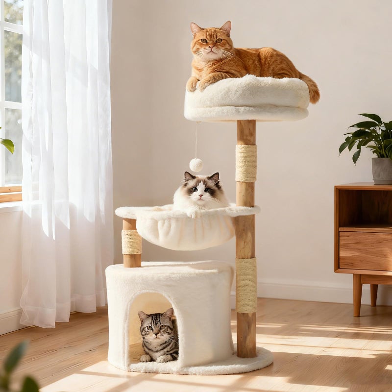 Veehoo Wood Cat Tree, Aesthetic Modern Cat Tree Tower with Scratching Posts, Luxury Cat Condo with Large Hammock and Soft Plush Perch for Indoor Cats - Image 1