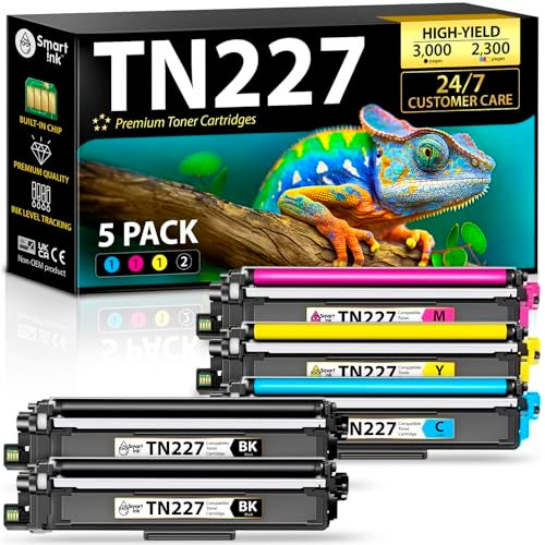 Smart Ink Compatible TN227 High Yield Toner Cartridge 5 Pack (2BK/C/M/Y) Replacement for Brother TN-227 TN-223 TN223bk TN227bk to use with MFC-L3770CDW HL-L3290CDW HL-L3270CDW MFC-L3710CW HL-L3210CW - Image 1