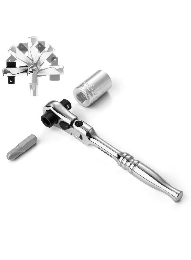 DURATECH 1/4 Inch Drive Ratchet Handle, 72-Tooth Multifunctional Socket & Bit Driver, 2 in 1 Flex Head Ratchet with Reversible Switch, Alloy Steel Full-Polished Chrome Plating Socket Wrench - Image 1