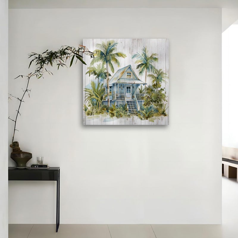 Arjun Landscape Coastal Canvas Wall Art Green Trees Cottage Painting Woodgrain Picture Framed Modern for Bathroom Living Room Bedroom Nursery Room Kitchen Wall Decor, 14"x14" One Panel - Image 1