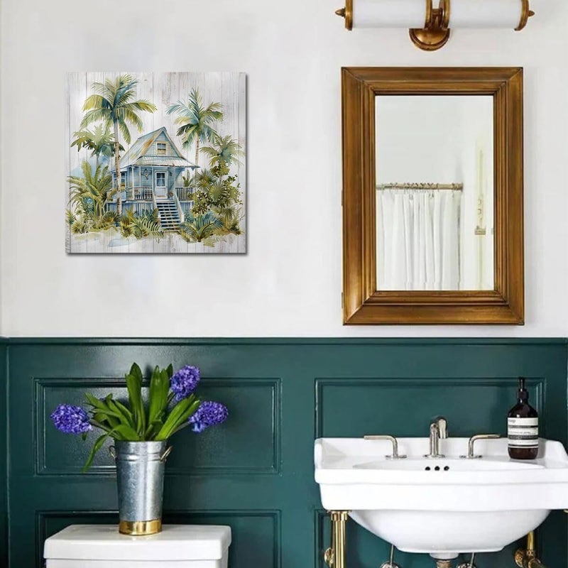 Arjun Landscape Coastal Canvas Wall Art Green Trees Cottage Painting Woodgrain Picture Framed Modern for Bathroom Living Room Bedroom Nursery Room Kitchen Wall Decor, 14"x14" One Panel - Image 5