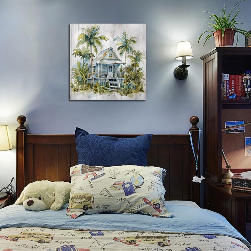 Arjun Landscape Coastal Canvas Wall Art Green Trees Cottage Painting Woodgrain Picture Framed Modern for Bathroom Living Room Bedroom Nursery Room Kitchen Wall Decor, 14"x14" One Panel - Image 4