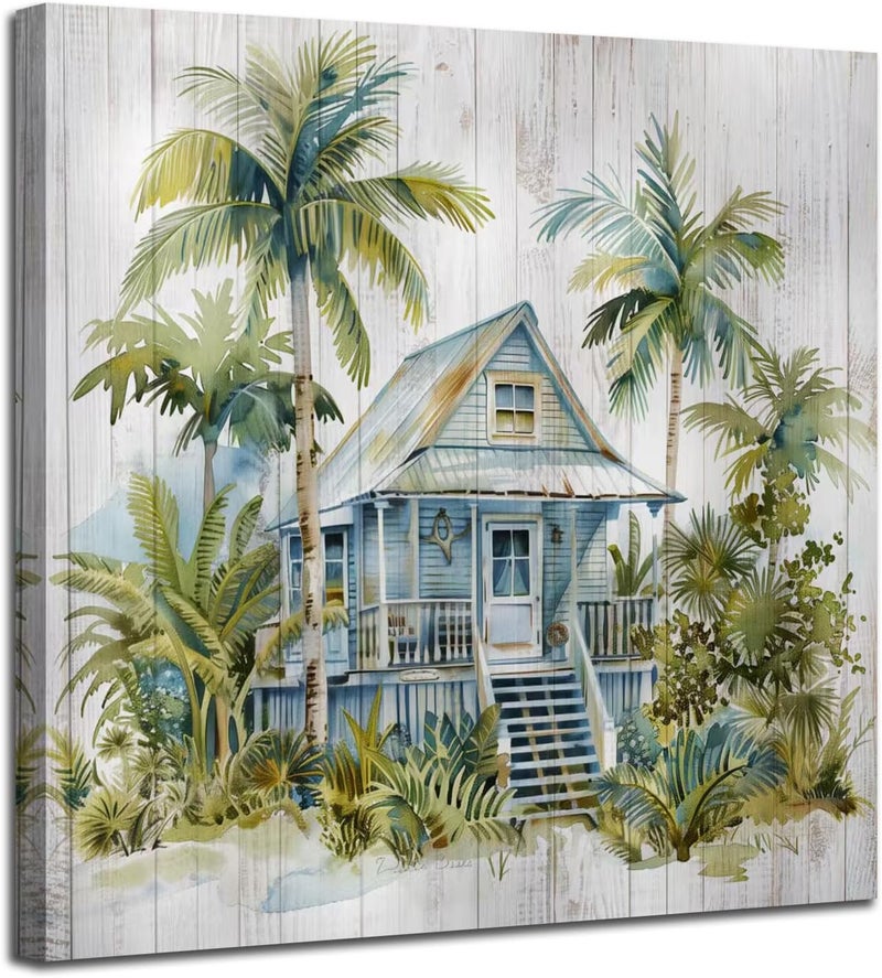 Arjun Landscape Coastal Canvas Wall Art Green Trees Cottage Painting Woodgrain Picture Framed Modern for Bathroom Living Room Bedroom Nursery Room Kitchen Wall Decor, 14"x14" One Panel - Image 2