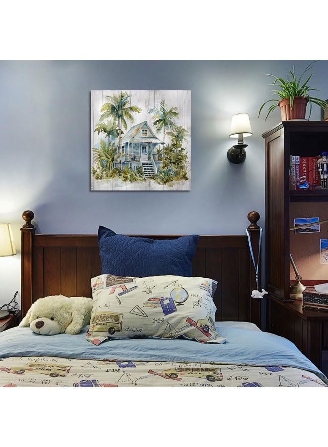 Arjun Landscape Coastal Canvas Wall Art Green Trees Cottage Painting Woodgrain Picture Framed Modern for Bathroom Living Room Bedroom Nursery Room Kitchen Wall Decor, 14"x14" One Panel - Image 3