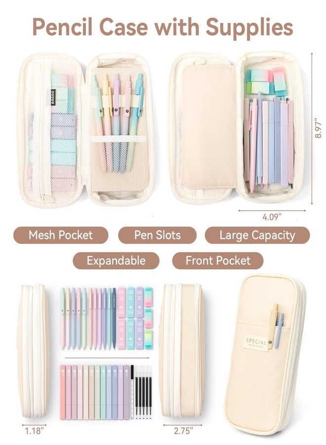Four Candies 39 PCS Cute School Supplies with Pen Case for Girls - 5 Black Ink Gel Pens, 12 Pastel Highlighters, 6 Aesthetic Mechanical Pencils Set for Stationary College Essentials (Cream) - Image 3