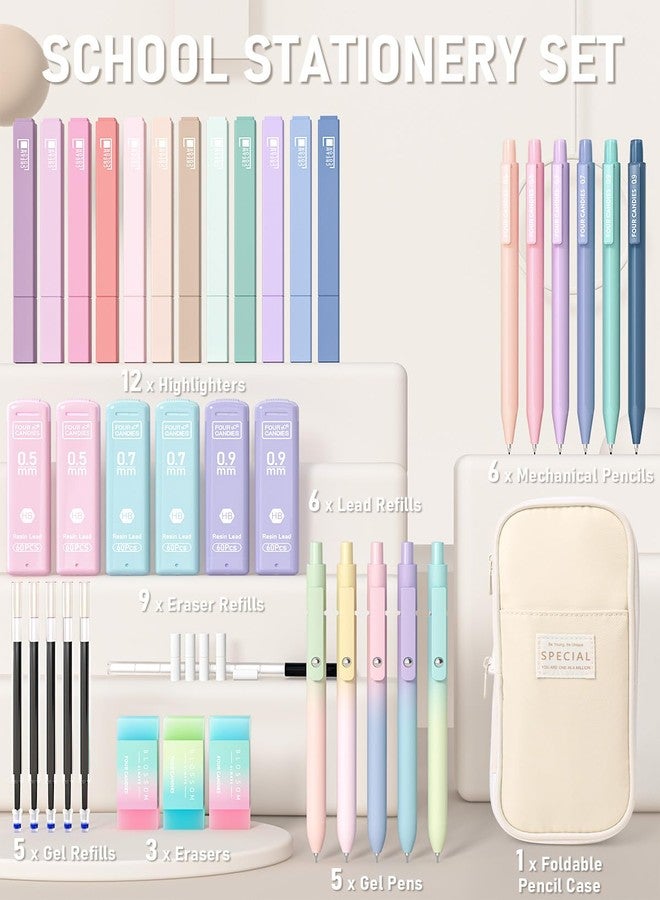 Four Candies 39 PCS Cute School Supplies with Pen Case for Girls - 5 Black Ink Gel Pens, 12 Pastel Highlighters, 6 Aesthetic Mechanical Pencils Set for Stationary College Essentials (Cream) - Image 2