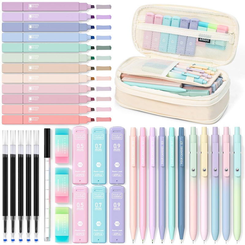 Four Candies 39 PCS Cute School Supplies with Pen Case for Girls - 5 Black Ink Gel Pens, 12 Pastel Highlighters, 6 Aesthetic Mechanical Pencils Set for Stationary College Essentials (Cream) - Image 1