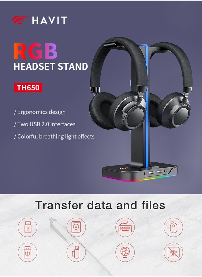 havit - Universal Headphone Holder, RGB Headphones Stand with 2 USB 2.0 Ports, Colorful Breathing Light Effects for Home Gaming Office - Image 1