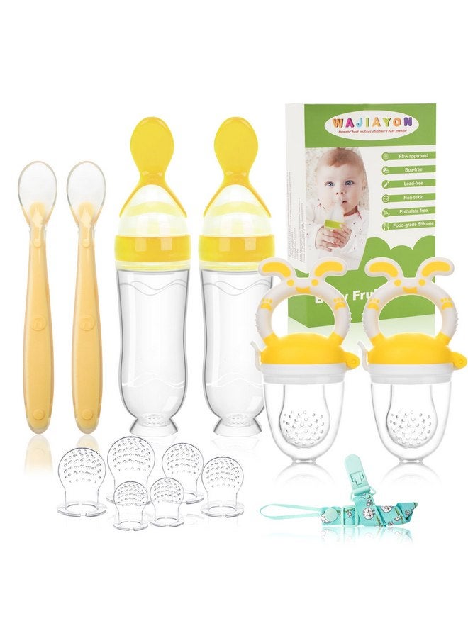 WAJIAYON Baby Fruit Feeder Pacifier - 6 Pack | 2 Baby Fruit Food Feeder Pacifier & 2 Baby Food Dispensing Spoon | Fresh Fruit Teethers for Babies | Silicone Feeder Baby,Mesh Baby Feeder -Yellow-Rabbit - Image 1