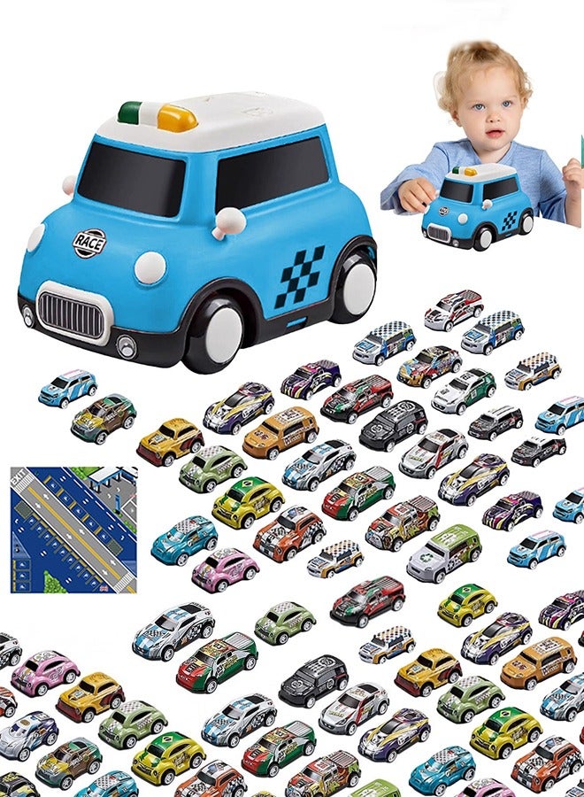 XiuWoo Small Car for Kids,70Pcs Race Car Playset with Car Storage Box, Mini Pull Back Toddler Games Educational Boy Toys, Alloy Vehicles Interactive for Boys Girls Party Favors, Goodie Bag Stuffers,Blue - Image 1