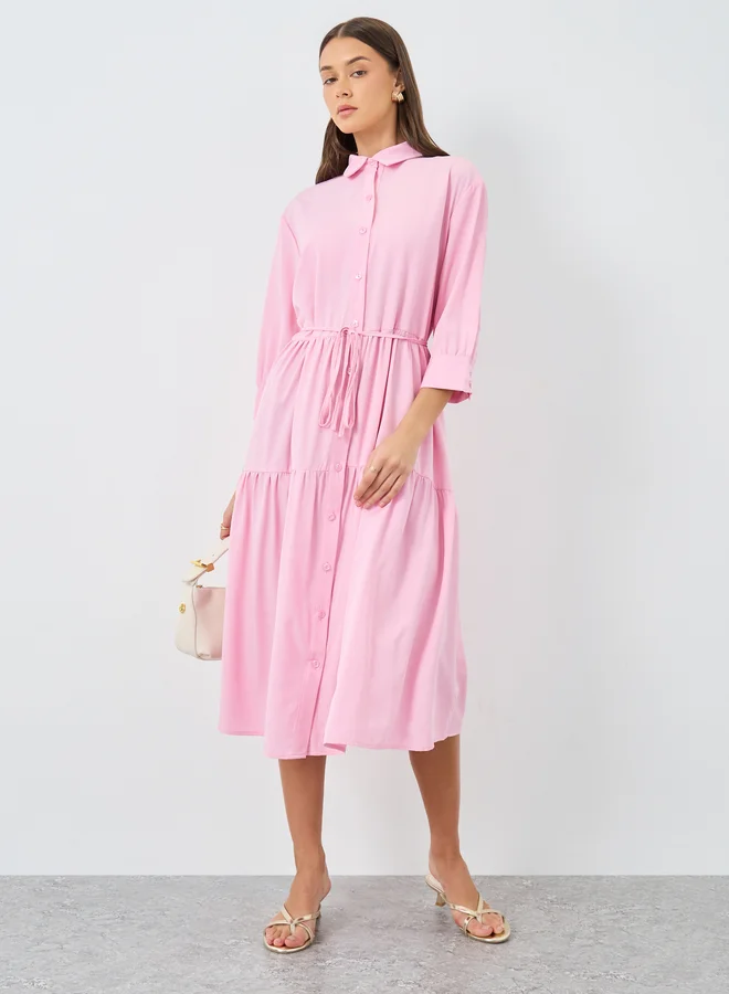 Styli Styli Pink Button Down Spread Collar Tiered Midi Dress