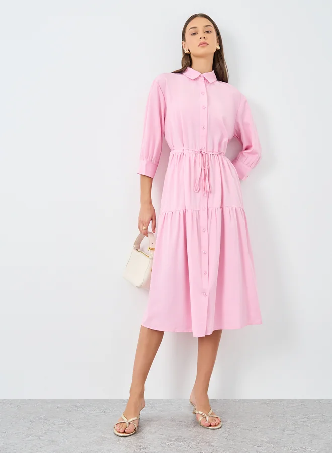 Styli Styli Pink Button Down Spread Collar Tiered Midi Dress