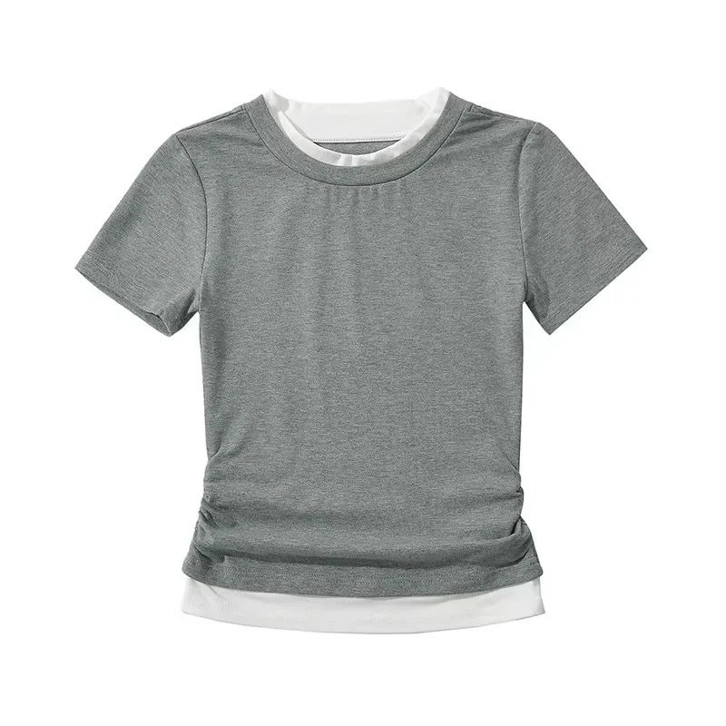 College style fresh sweet western style age-reducing fake two-piece T-shirt temperament contrast color design short inner wear for women - Image 4