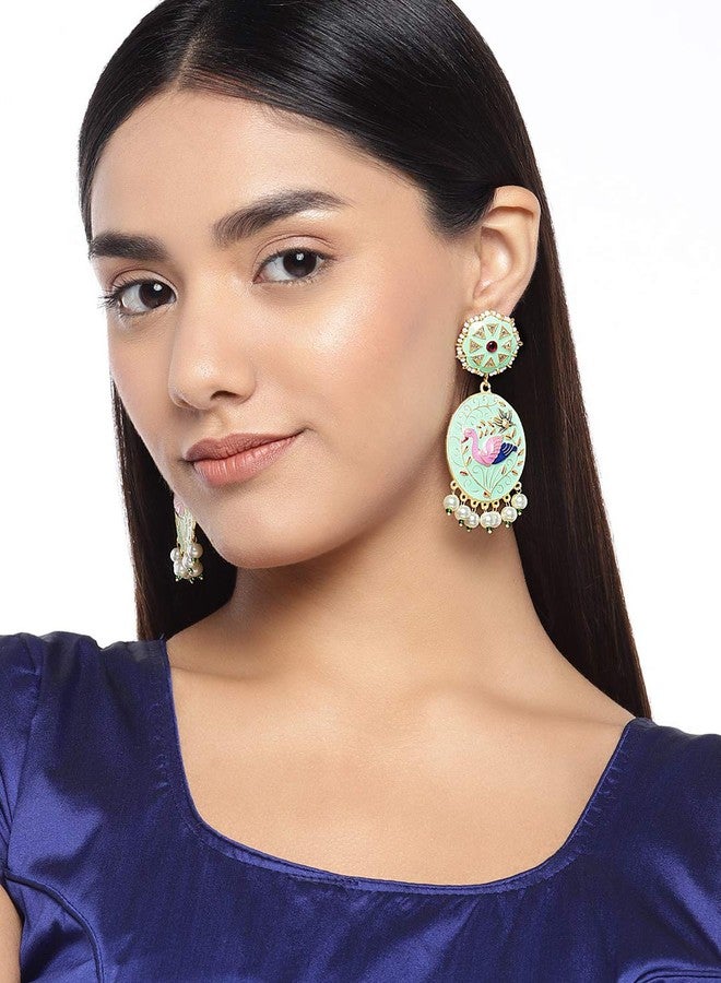 Peora Gold Plated Indian Traditional Peacock Design with Enamel Meenakari Work Brass Mint Earring Set for Women - Image 3