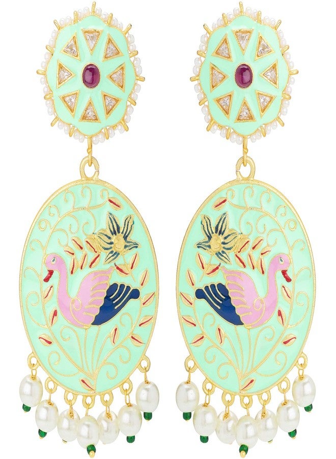 Peora Gold Plated Indian Traditional Peacock Design with Enamel Meenakari Work Brass Mint Earring Set for Women - Image 1