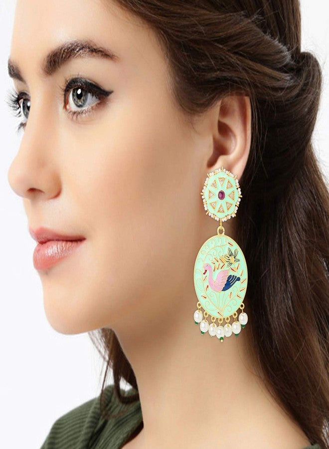 Peora Gold Plated Indian Traditional Peacock Design with Enamel Meenakari Work Brass Mint Earring Set for Women - Image 4