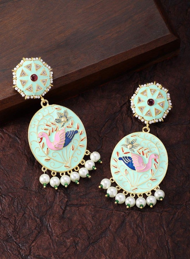 Peora Gold Plated Indian Traditional Peacock Design with Enamel Meenakari Work Brass Mint Earring Set for Women - Image 2