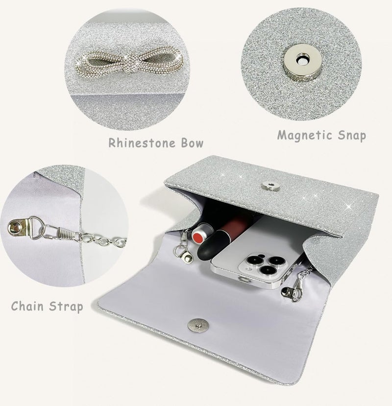Trisapu Womens Evening Bag Sparkly Bow Clutch Purse Wedding Party Purses Glitter Rhinestone Cocktail Prom Handbags Silver - Image 3