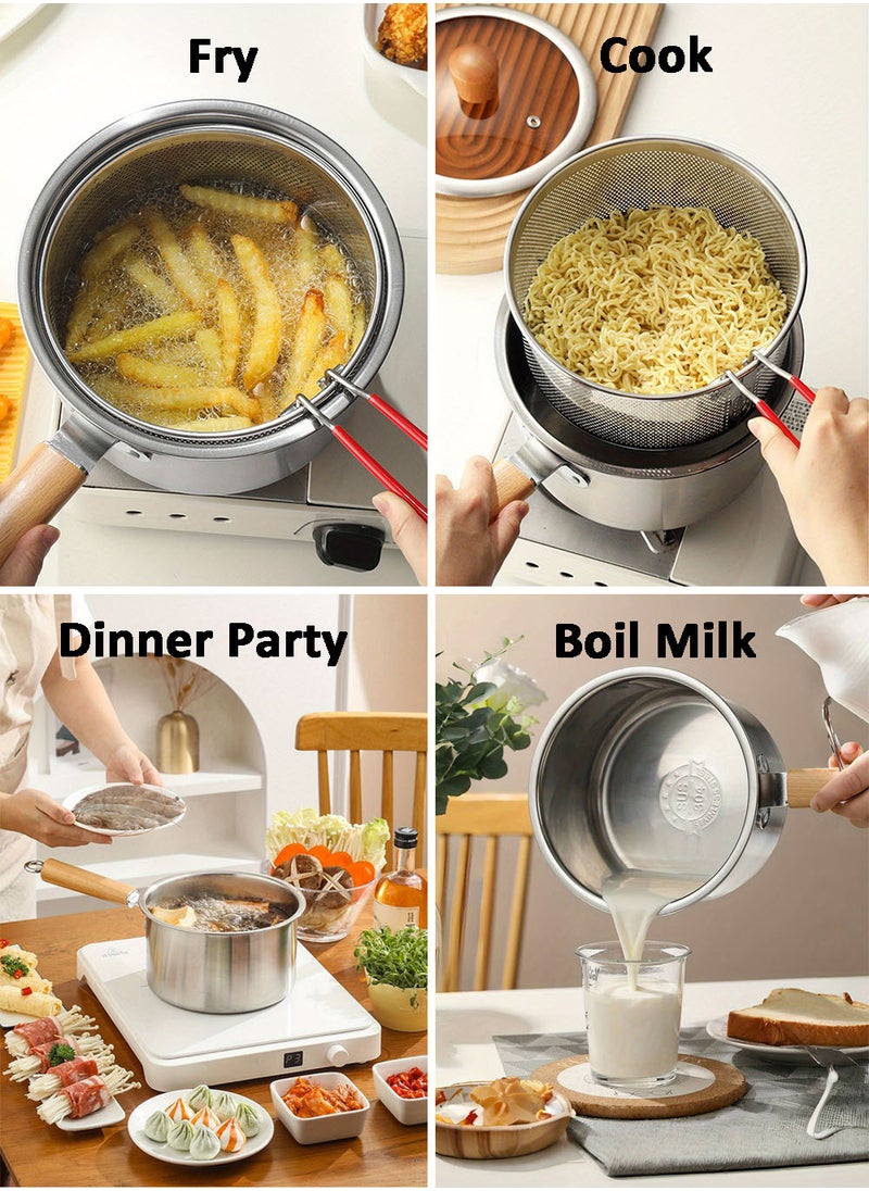 Fry Pan Stainless Steel Cookware Set Multi Use Frying Pan with Frying Basket Glass Lid 304 SUS Non-Stick Saucepan Deep Frying Pot Boiler Milk Pan for Induction Gas Stoves
