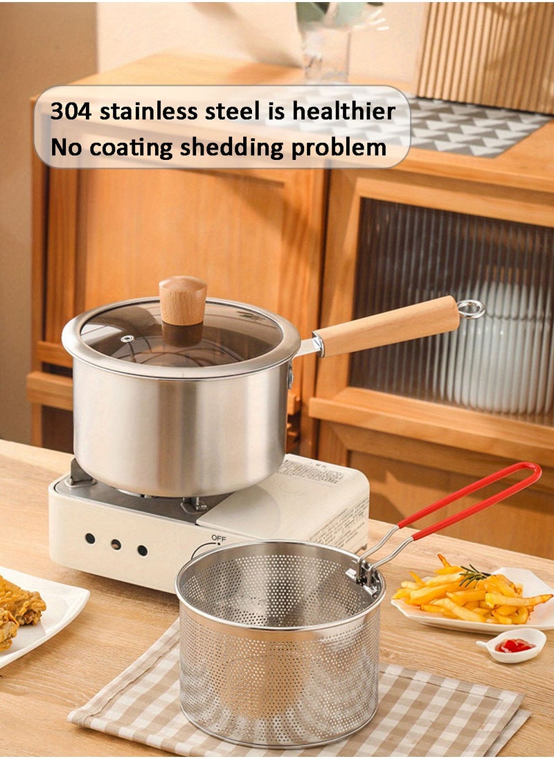 Fry Pan Stainless Steel Cookware Set Multi Use Frying Pan with Frying Basket Glass Lid 304 SUS Non-Stick Saucepan Deep Frying Pot Boiler Milk Pan for Induction Gas Stoves